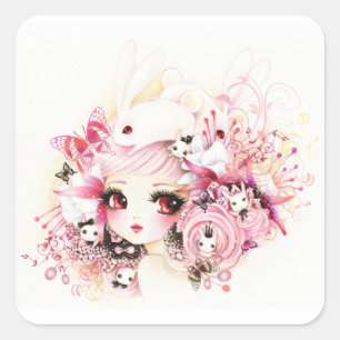 Sticker Carré Belle fille avec les lapins mignons