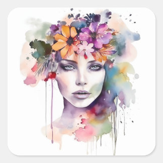 Sticker Carré Belle fille d'aquarelle avec des fleurs dans ses c