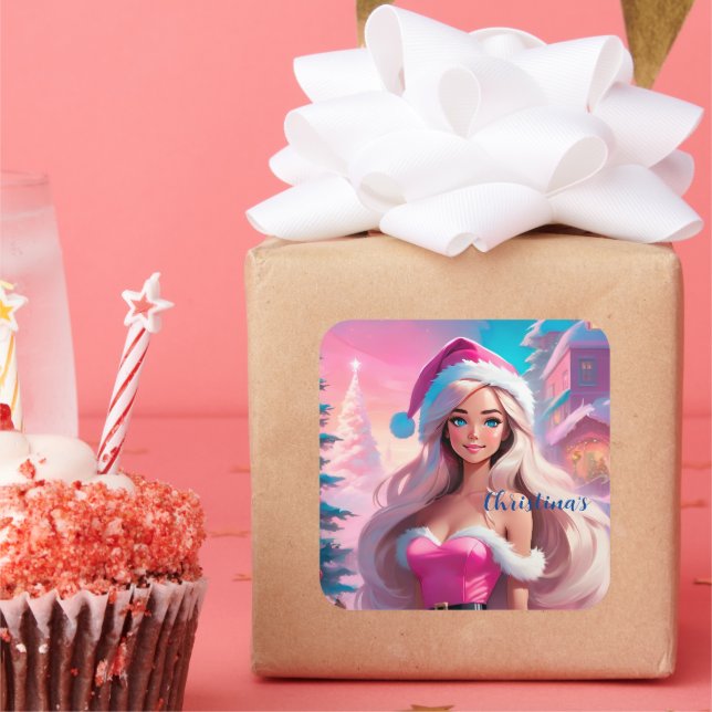 Sticker Carré Belle fille de Noël rose 01 (Fête)