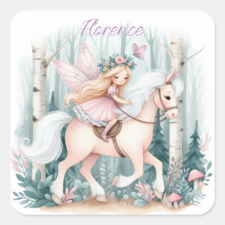 Sticker Carré Belle fille fée chevauchant dans une forêt enchant