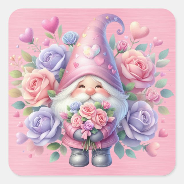Sticker Carré Belle Gnome rose et pourpre parmi les Roses (Devant)