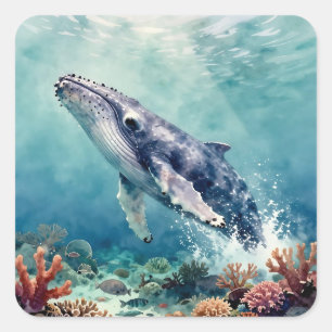 Sticker Carré Belle illustration océanique de baleine à l'impast