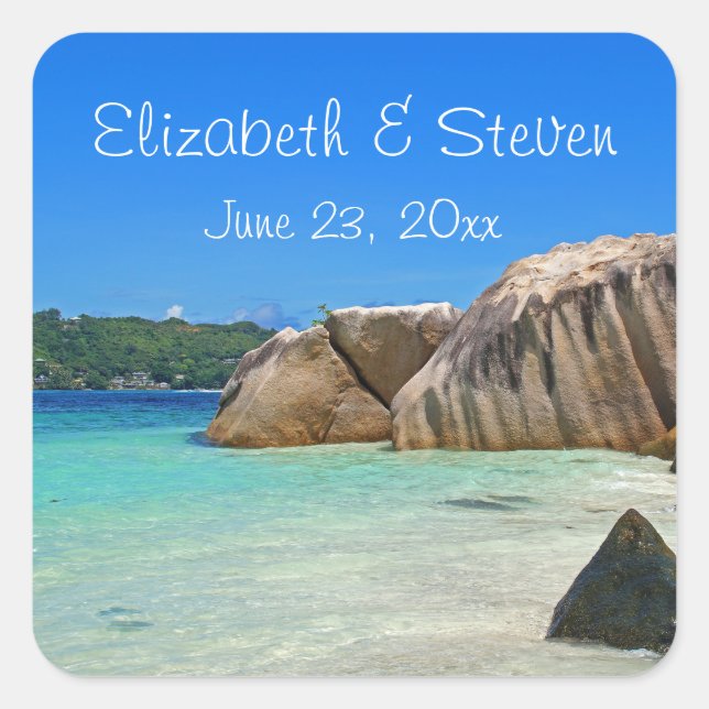 Sticker Carré Belle Mer Tropicale avec Côte Rocheuse Couverte (Devant)