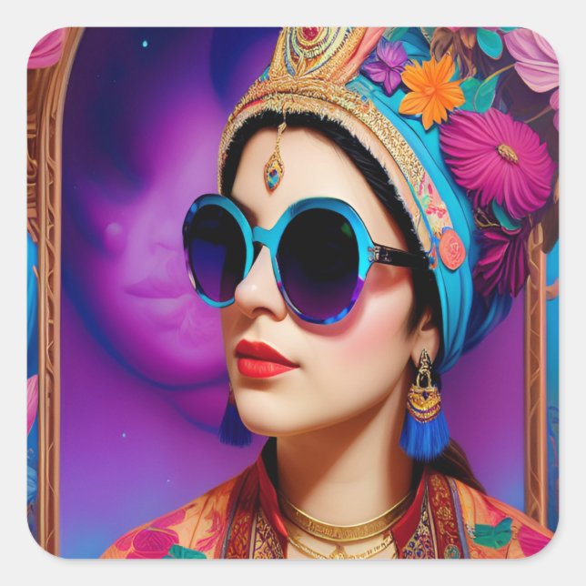 Sticker Carré Belle princesse avec lunettes de soleil (Devant)