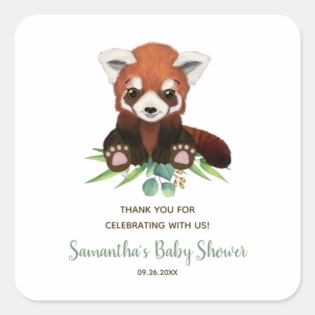 Sticker Carré Belle Rouge Panda Ours Verdure Baby shower neutre (Devant)