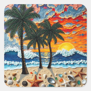 Sticker Carré Belle scène de plage avec des palmiers