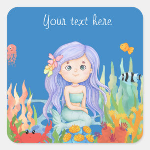 Sticker Carré Belle sirène PURPLE HAIR jouant dans la mer