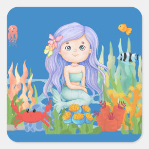 Sticker Carré Belle sirène PURPLE HAIR jouant dans la mer