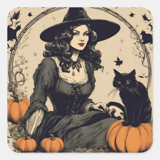 Sticker Carré Belle sorcière d'Halloween Vintage avec chat noir