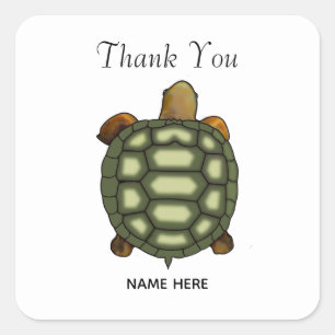 Sticker Carré Belle Tortue Verte sur Blanc Merci