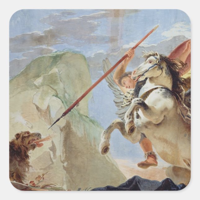 Sticker Carré Bellerophon, à cheval Pegasus, tuant la Chimera, (Devant)