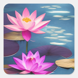 Sticker Carré Belles fleurs de Lotus rose au clair de lune