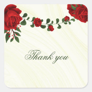 Sticker Carré belles fleurs rouges vert feuilles merci