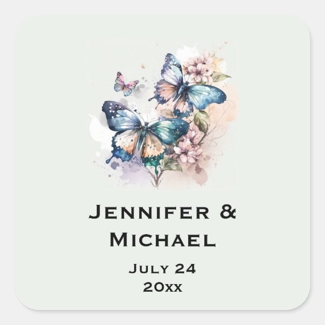 Sticker Carré Belles papillons et fleurs Mariage Date (Devant)