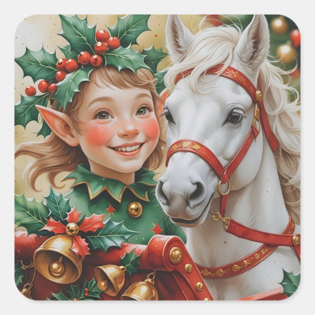 Sticker Carré Bells Holly et Horse Christmas Elf (Devant)
