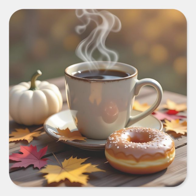 Sticker Carré Bénédictions d'automne, café chaud et beignet (Devant)