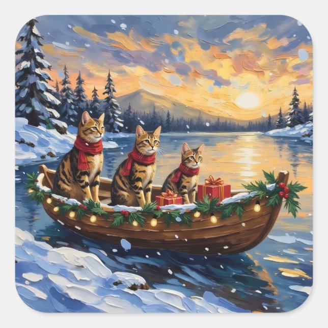 Sticker Carré Bengal Cat Christmas Boat Holiday (Devant)