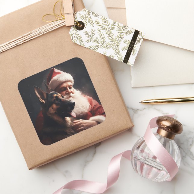 Sticker Carré Berger Allemand Avec Noël Festif Du Père Noël (Cadeaux)