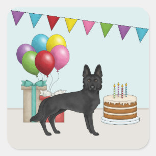 Sticker Carré Berger Allemand noir avec gâteau d'anniversaire co
