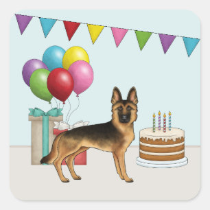 Sticker Carré Berger Allemand Noir Et Feu Anniversaire Coloré