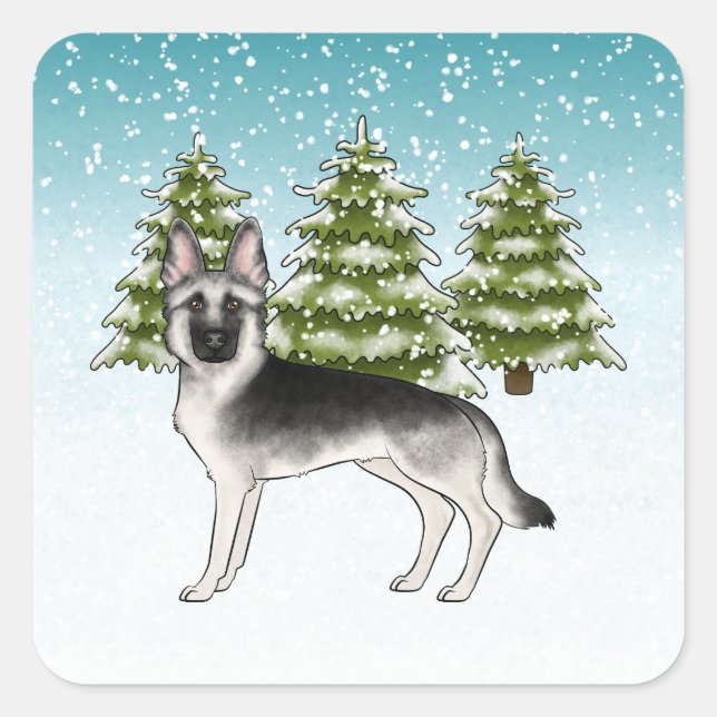 Sticker Carré Berger Allemand Silver Sable Forêt d'Hiver Bleue (Devant)