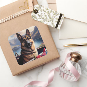 Sticker Carré Berger allemand sur une pagaie : une aventure Pitt