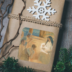 Sticker Carré Bergers de l'adoration chrétienne vintage de Noël