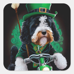 Sticker Carré Bernedoodle Chien conduisant un vélo Saint-Patrick