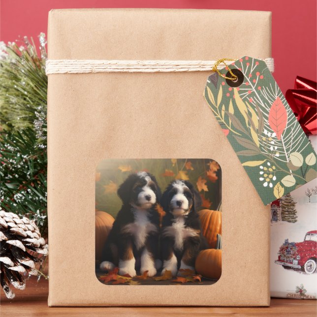 Sticker Carré Bernedoodle Chiot Automne Citrouille de plaisir (vacances)