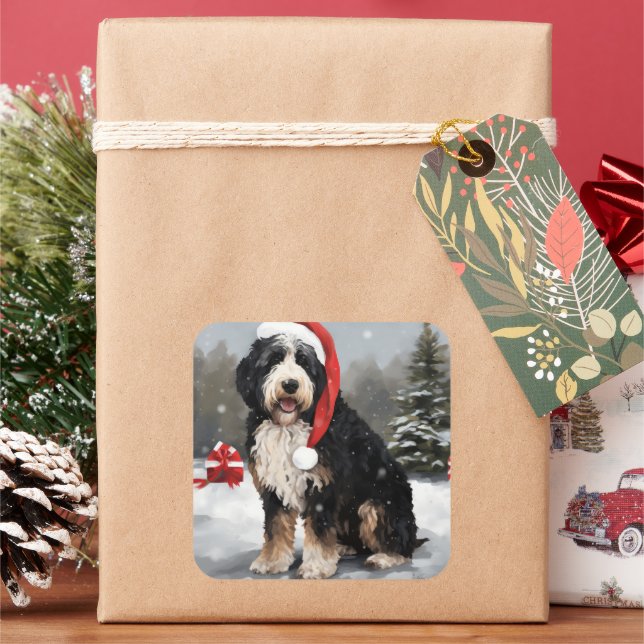 Sticker Carré Bernedoodle dans la neige à Noël  (vacances)