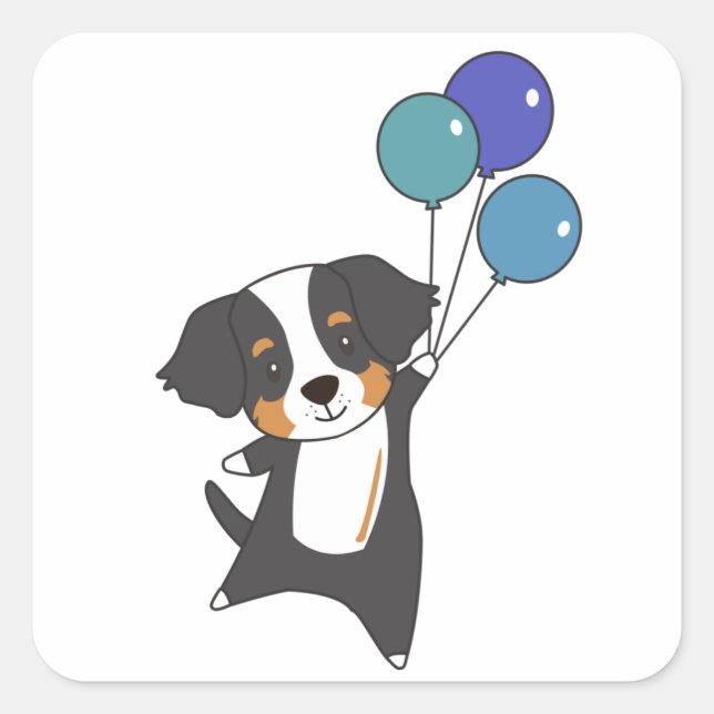 Sticker Carré Bernese Mountain Dog vole avec des ballons doux (Devant)