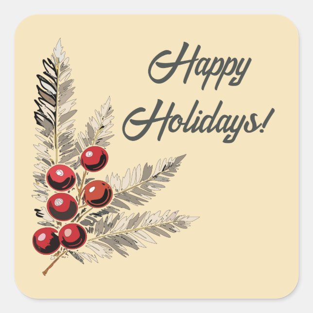 Sticker Carré Berries Retro Holly et À feuillage persistant (Devant)