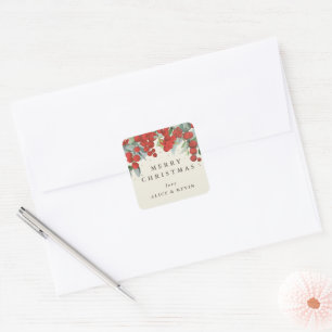 Sticker Carré Berries rouges+Eucalyptus Joyeux Noël/Personnalisé