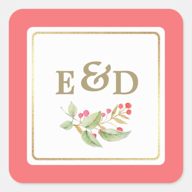 Sticker Carré Berry Branch | Mariage de monogramme de corail ros (Devant)