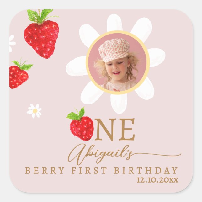 Sticker Carré Berry First 1st Strawberry Birthday Photo (Devant)