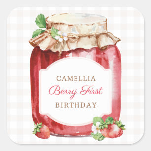 Sticker Carré Berry First Strawberry Jam 1ère fête d'anniversair