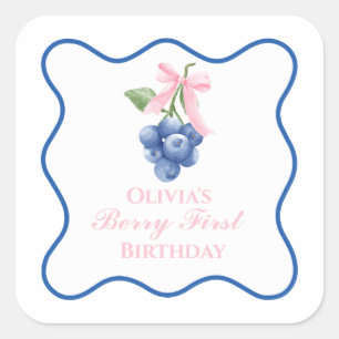 Sticker Carré Berry premier anniversaire bleu Bow rose Coquette
