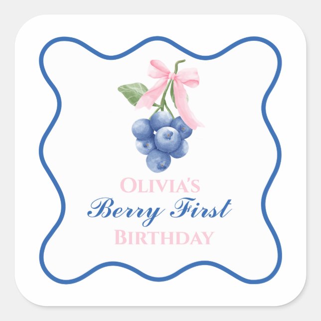 Sticker Carré Berry premier anniversaire bleu Bow rose Coquette (Devant)