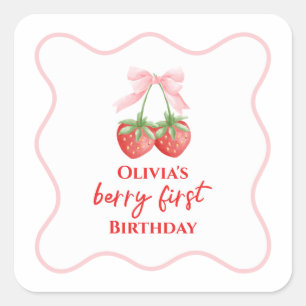 Sticker Carré Berry premier anniversaire de fraise Rose Bow