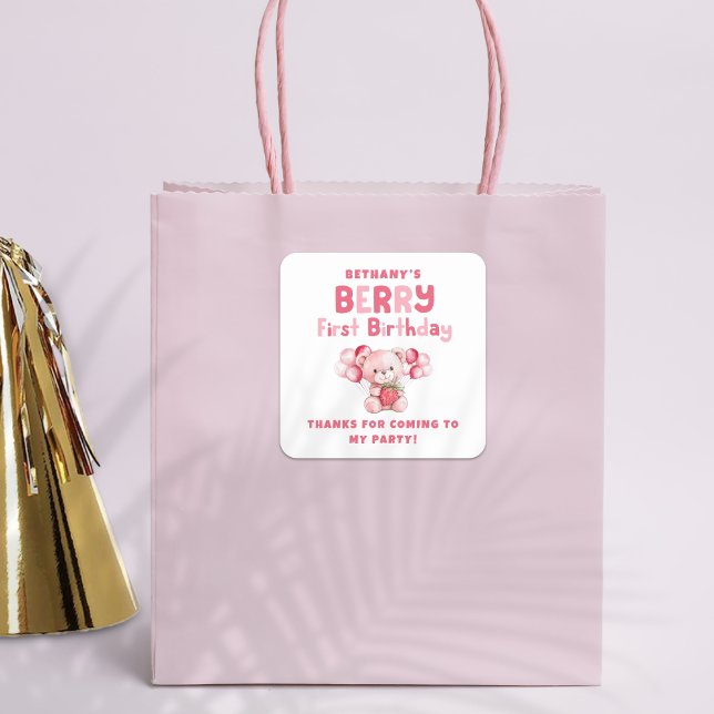 Sticker Carré Berry Premier anniversaire Fraise 1ère fête Merci (Créateur téléchargé)