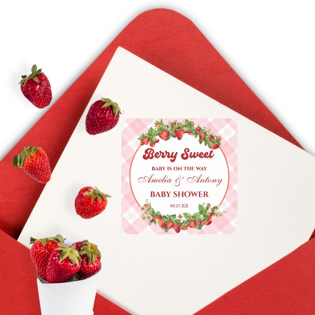 Sticker Carré Berry Sweet fraise rose En vichy Baby shower (Créateur téléchargé)