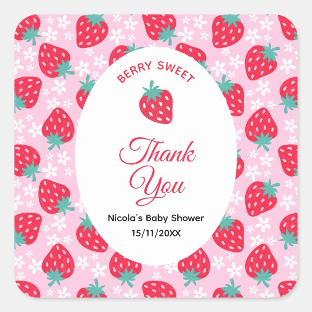 Sticker Carré Berry Sweet Pink Strawberry Baby Shower (Devant)
