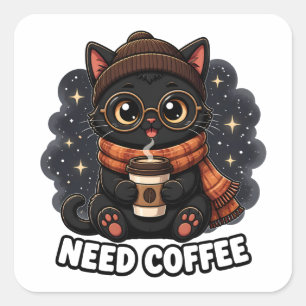 Sticker Carré Besoin de café mignon chat noir vintage amateur de