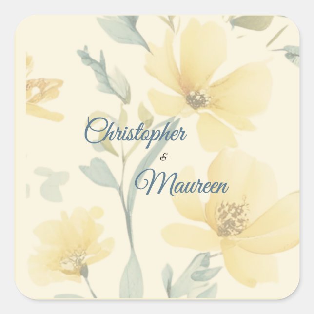 Sticker Carré Beurre pâle Jaune Doux Bleu Mariage Floral (Devant)