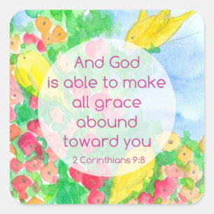 Sticker Carré Bible Verse 2 Corinthians Oiseaux Fleurs Aquarelle