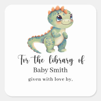 Sticker Carré Bibliothèque Baby Shower dinosaure vert aquarelle