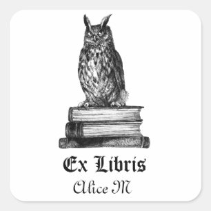 Sticker Carré Bibliothèque Owl ex libris