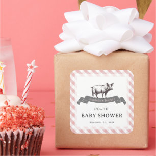 Sticker Carré Bibs & Ribs BBQ Rustique Rose En vichy Baby shower