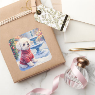 Sticker Carré Bichon Frise à l'aquarelle Fontaine festive Noël