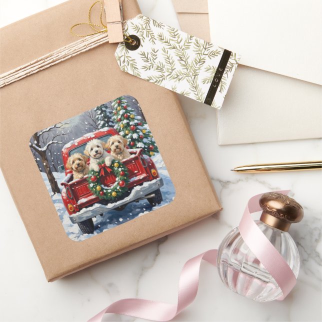 Sticker Carré Bichon Frise Christmas Red Truck Holiday (Cadeaux)